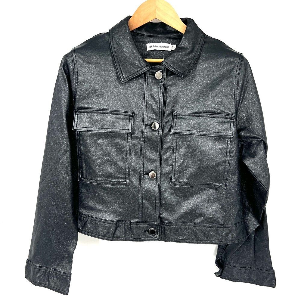 Rebecca Minkoff Jacket Women's Size XL Vegan Black Sparkle‎ NWOT Glitter Crop